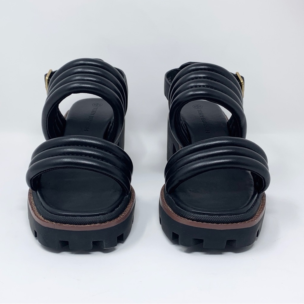 NEW Tory Burch Lug Sole Heeled Sandals (Sz 9) Quilted Leather Slingback Black - Picture 4 of 13